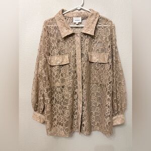 Andrée Lace Button Down Blouse 2x Beige Sheer Floral Boho Romantic Plus Size
